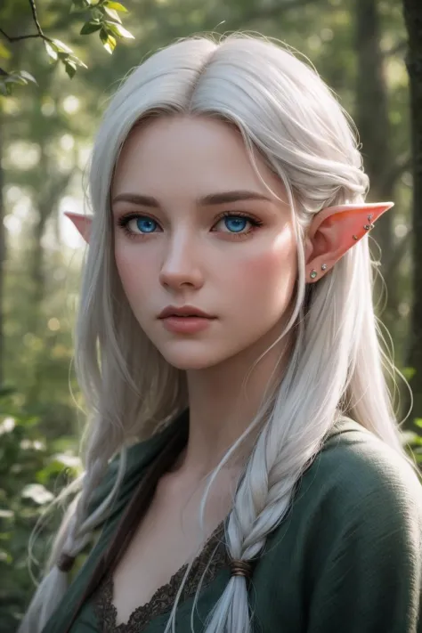 outdoors, forest, (detailed face, detailed eyes, clear skin, clear eyes), long white hair, blue eyes, pale skin, lotr, fantasy, elf, female, looking at viewer, portrait, photography, detailed skin, realistic, photo-realistic, 8k, highly detailed, full length frame, High detail RAW color art, piercing, diffused soft lighting, shallow depth of field, sharp focus, hyperrealism, cinematic lighting