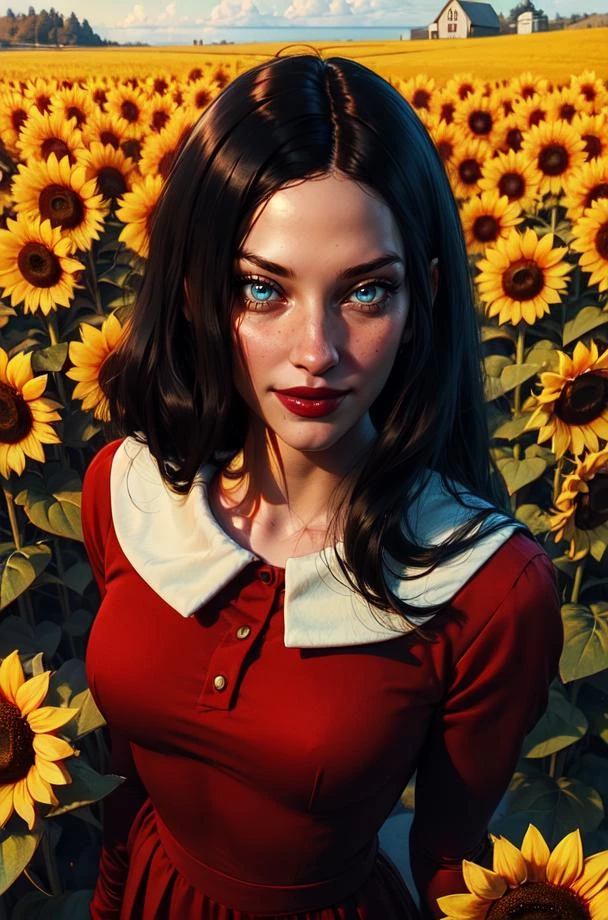 Laura,red lips,blue eyes,long black hair,
red dress,from above,skin tight,long sleeves,looking at viewer,
upper body,solo,standing,smile,
sunflower field,barn,
(insanely detailed, beautiful detailed face,beautiful detailed eyes, masterpiece, best quality),