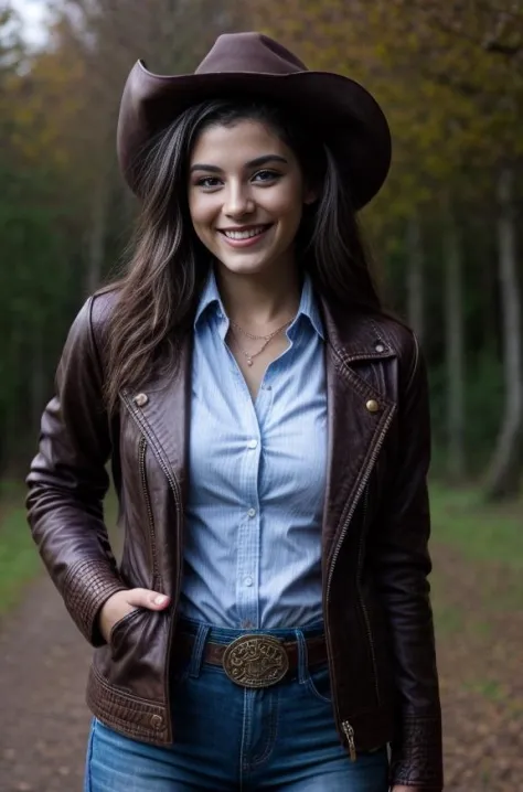 obra de arte, 1 garota, sorriso, detalhado, roupa de cowgirl marrom, jaqueta escura