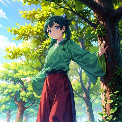 anime girl in green and red dress standing in the woods