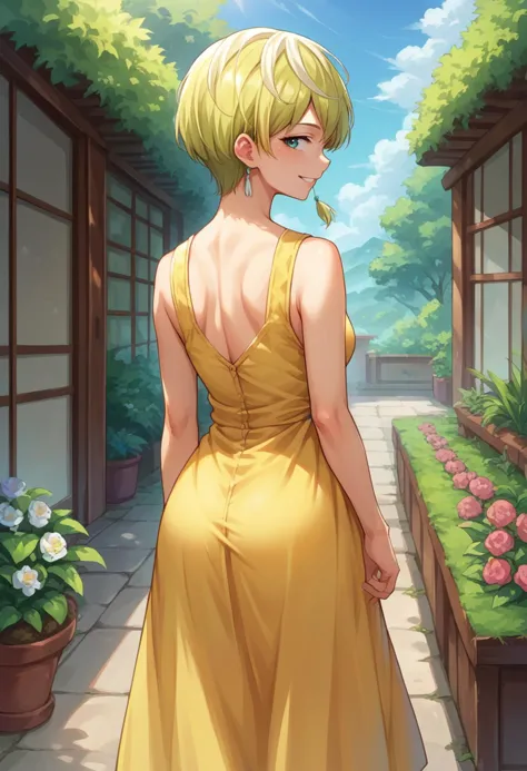 score_9, score_8_up, source_anime, 1girl, solo, izumotenka, short hair, single earring, from behind, yellow sundress, garden, da...