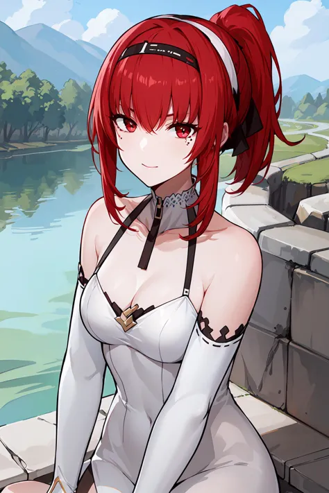 anime girl with red hair sitting on a stone wall by a lake