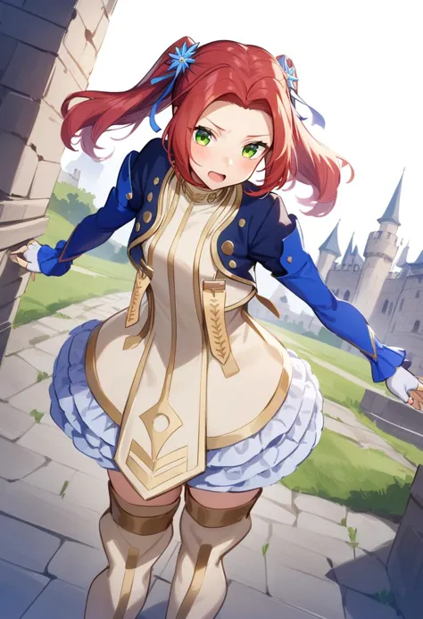 a woman in a dress and boots standing in front of a castle