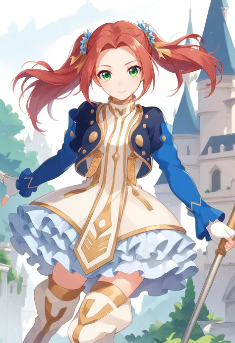 score_9, score_8_up, score_7_up,  eleanor hume, green eyes, smile, twintails, short dress, red hair, hair ornament, thigh boots, cropped jacket, frills, fingerless gloves, castle,  <lora:Eleanor_Hume_Pony:1>