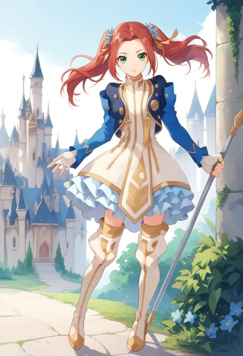 a woman in a blue dress holding a sword and standing in front of a castle