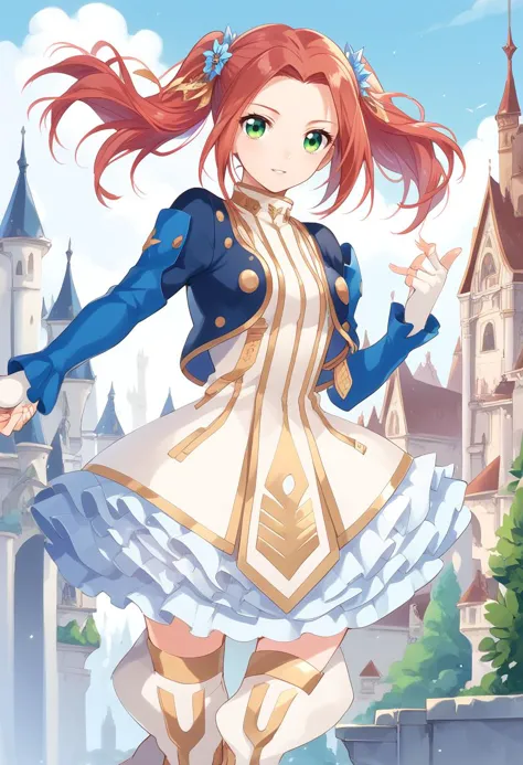 score_9, score_8_up, score_7_up,  eleanor hume, green eyes, smile, twintails, short dress, red hair, hair ornament, thigh boots, cropped jacket, frills, fingerless gloves, castle,  <lora:Eleanor_Hume_Pony:1>