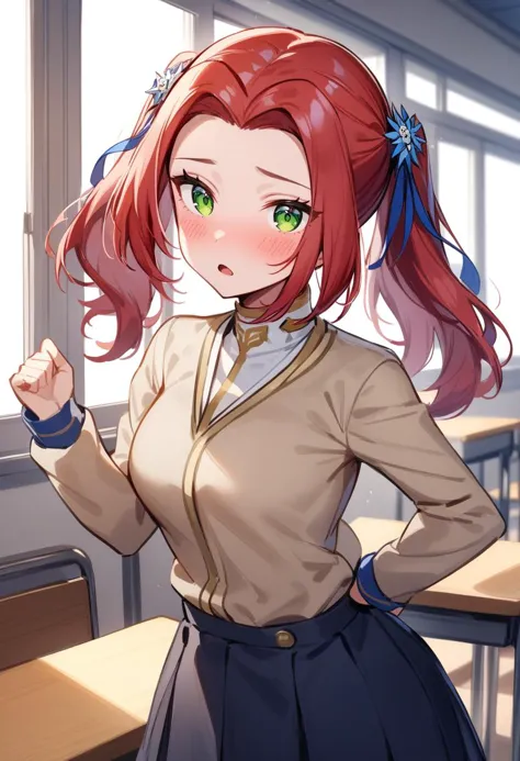 anime girl with red hair and green eyes in a classroom