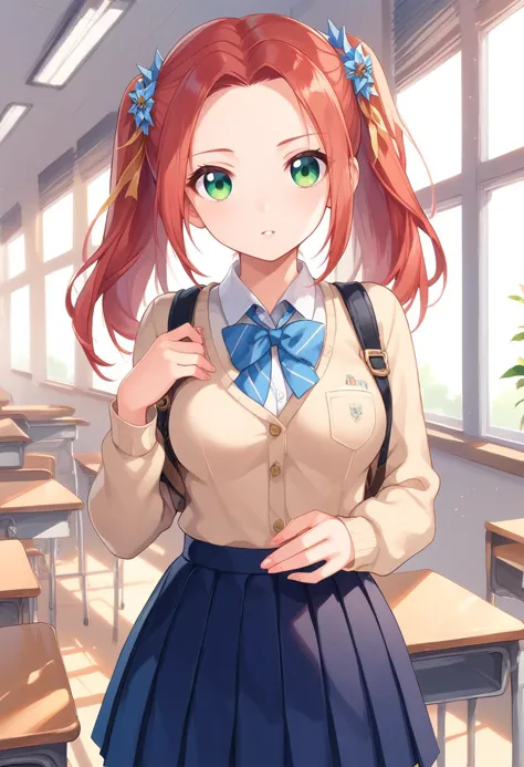 anime girl in school uniform standing in a classroom with desks