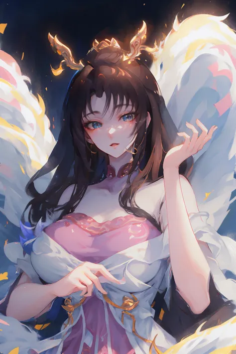 anime girl with wings and a pink dress holding a wand