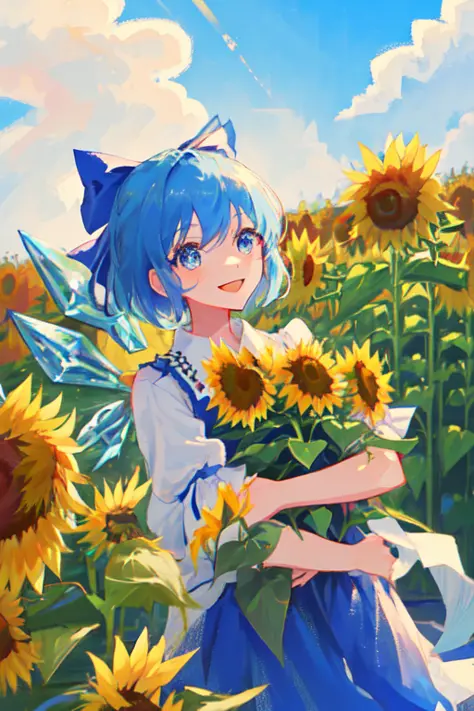 1girl, Cirno, Touhou project, (sunflowers), smiling, focus face, close-up, blue eyes,  field, day, blue sky, sun rays, blue hair, blue dress, blue bow, short hair , ice wings