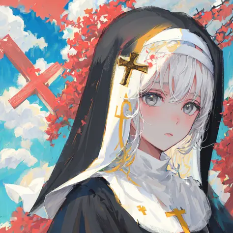 ((1girl,solo)),masterpiece, best quality, portrai,tultra-detail, illustration, close-up,straight shot,((focus on face)),((nun)),white hair,grey eyes,long hair,black clothes,(cross),day,cloud,looking into the distance