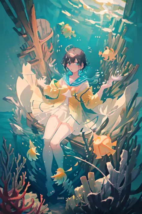 VISUAL novel,nude,under the sea,sunken ship,seabed,wet,1turtle,in water,float under the sea,float up,hair float up,seabed,colorful fish,school of fish,flying fish, ,coral,seahorse,SHORT HAIR, black hair,sunshine