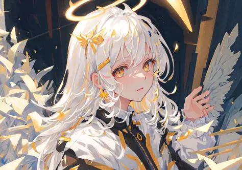 masterpiece, best quality, ultra-detailed, illustration, close-up, straight on, face focus, 1girl, white hair, golden eyes, long...