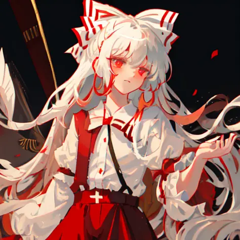 touhou, 1girl, fujiwara mokou, long white messy hair, small red bows on hair, bangs, plain red hair bow, white shirt, red overall straps,