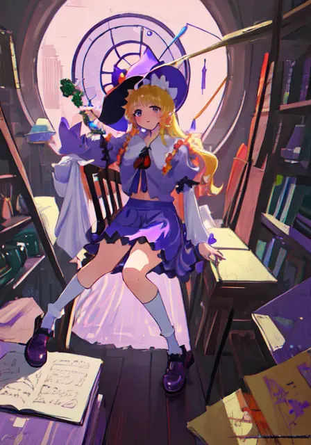 mksks style, masterpiece, best quality, ultra-detailed, illustration, touhou, 1girl, purple witch hat, purple clothing, skirt, long blond hair, sitting on a chair, magic,