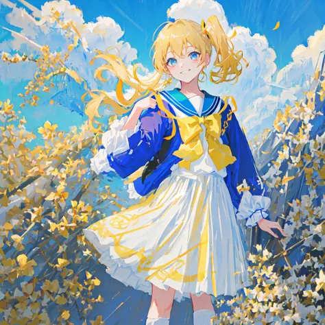 pov,close-up,blue sky with clouds,anime screencap,((grayu)),(side_ponytail),looking at viewer,standing, arms behind back,,grin,serafuku,sailor dress,white ankle socks,uwabaki,neck ribbon,necklace,hair ribbon,ribbon,earrings,floating sakura,ray tracing,{best quality}, {{masterpiece}}, {highres}, original, extremely detailed 8K wallpaper, {an extremely delicate and beautiful},,incredibly_absurdres,colorful,intricate detail,artbook,,{best quality}, {{masterpiece}}, {highres}, original, extremely detailed 8K wallpaper, {an extremely delicate and beautiful},,incredibly_absurdres,blonde_hair/yellow_eyes,(solo),(1gril),
yellow sweater,white , shirt tucked in, red bowtie, blue checkered skirt, yellow cardigan,scrun