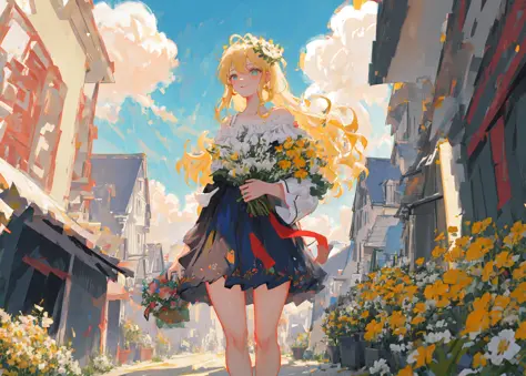 mksks style, best lighting, absurdres, masterpiece, best quality, ultra-detailed illustration, (1girl:1.3), absurdres high detailed face, blonde hair, off-shoulder top, fancy dress, bouquet in hand, countryside, from below, houses far away, spring, sky and cloud