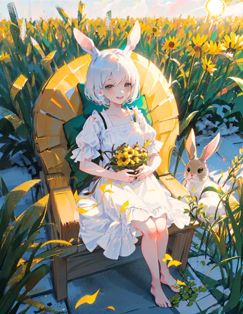 ((masterpiece,best quality)),,( (HD picture)),1girl, solo,((beatiful clear detailed face)),((beatiful detailed eyes)),(beautiful detailed eyelash),animal ears, rabbit, barefoot, knees up, dress, sitting, rabbit ears, short sleeves, looking at viewer, grass, short hair, smile, white hair, puffy sleeves, outdoors, puffy short sleeves, bangs, on ground, full body, animal, white dress, sunlight, brown eyes, dappled sunlight, day, depth of field, EasyNegative EasyNegative
