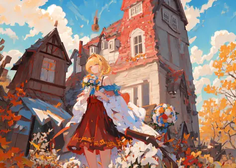 best lighting, absurdres, masterpiece, best quality, ultra-detailed illustration, (1girl:1.3), absurdres high detailed face, blonde hair, off-shoulder top, fancy dress, bouquet in hand, countryside, from below, houses in background, autumn, sky and cloud