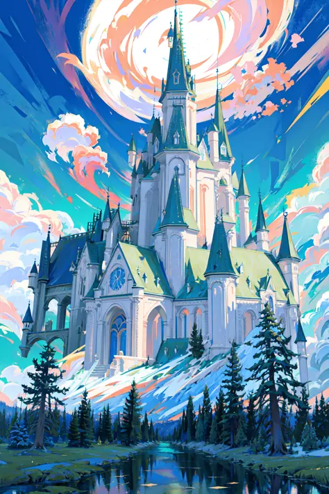 (masterpiece),(best quality:1.0), (ultra highres:1.0), detailed illustration,  dreaming, forest, detailed sky, (mysterious huge castle)
