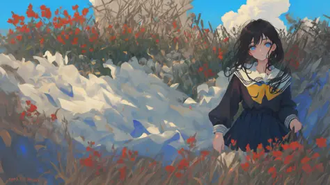 original,extremely delicate and beautiful,((beautiful detailed eyes)),(1girl), black hair, flower, school uniform, looking_at_viewer, mole, (solo),(masterpiece:1.4),(best quality:1.4),((sky)),dappled sunlight, grass, original,extremely delicate and beautif...