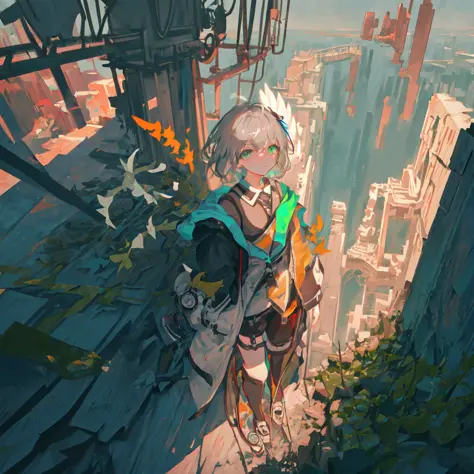 (((masterpiece))), (((best quality))), (((ultra-detailed))), illustration, straight on, face focus, 1girl, green eyes, short hair, hair, mechanical wings, serene expression, looking at viewer,ruins, city, bridge, future style \(module\), grey hair, mechani...