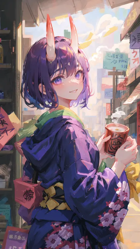 shuten_douji_(fate), high res, short hair, purple hair, oni horns, seductive smile, purple detailed eyes, dark purple smoke, hands, masterpiece, best quality, ultra-detailed, illustration, kimono, red sake cup, close-up, 1girl,