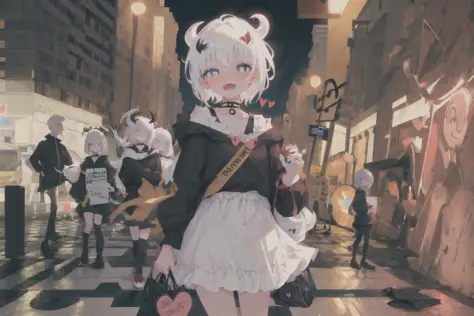 masterpiece, best quality, 1girl,petite,small breasts,loli,short hair,white hair,sharp teeth,fangs,choker,blue eyes,heart shaped pupils,demon horns,blush,(outdoor,pavement,traffic light,road sign),looking at viewer