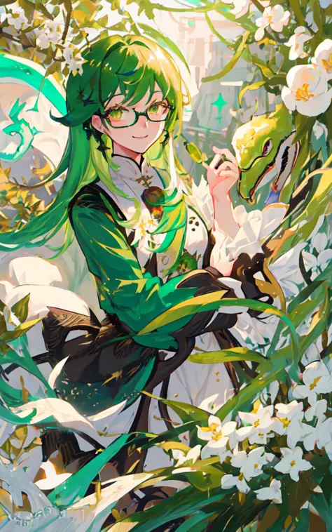 mksks style, baizhu_(genshin_impact), looking at viewer, high res, long hair, green hair, holding white snake, seductive smile, glasses, brown detailed eyes, bright white smoke, masterpiece, best quality, ultra-detailed, illustration,  close-up, 1boy, high contrast, colourful, white and green flowers, detailed background