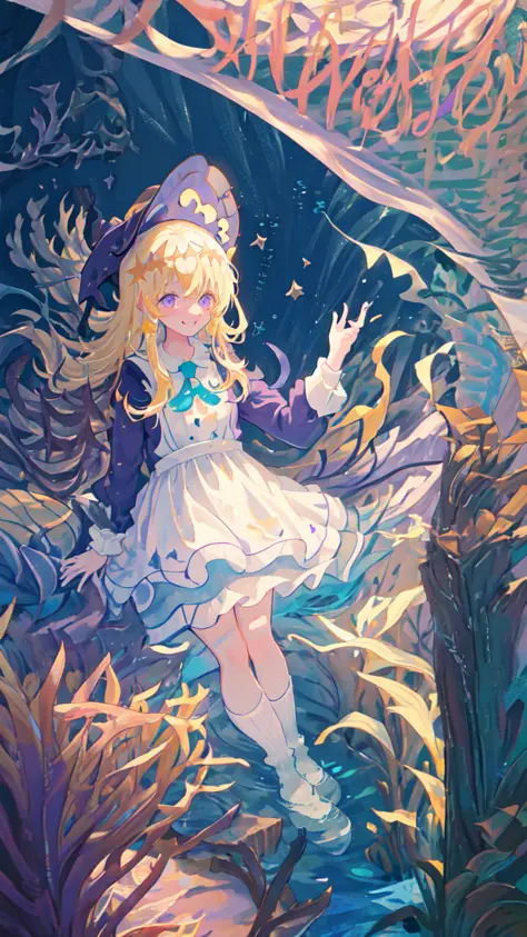 masterpiece, best quality, 1girl, petite, small breasts, long hair, blonde hair, (witch hat), (slightly smile), purple eyes, (star shaped pupils), (underwater, kelp, aquarium), looking at viewer, solo, alice in wonderland dress, long socks, stripe blue soc...