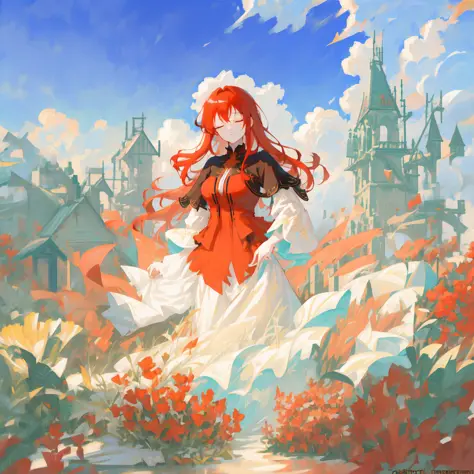 (extremely detailed CG unity 8k wallpaper) trending on ArtStation, trending on CGSociety, Intricate, High Detail, Sharp focus, dramatic, red haired woman, (((closed_eyes))), very long red hair, in a field of flowers, peaceful village background, ball gown, adult woman, large breasts, windmill, clouds, creek