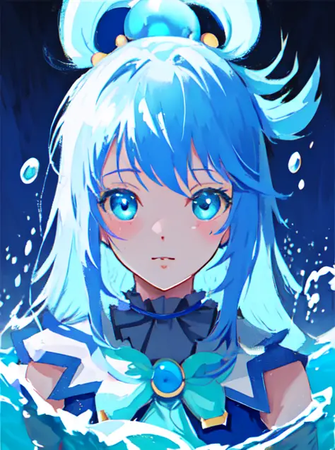 masterpiece, best quality, ultra-detailed, illustration, portrait, 1girl,  <lora:aquaKonosubaLora_1:1>, blue hair, (AQUA \(KONOSUBA\)), water splash, water