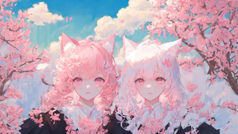 masterpiece, best quality, ultra-detailed, illustration, portrait, 2girls,white and pink charming braid hairstyle,cat ears, pink eyes,cloud white background,sakura