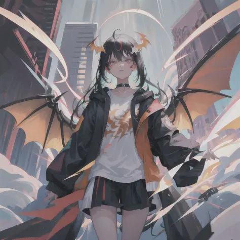 1girl, anime girl with black hair with highlights in her hair and dragon wings and tail standing in the rain and lightening in the background, masterpiece, fine detail, dragon, best quality, extremely beautiful detailed eyes, ultra-detailed, elaborate feat...