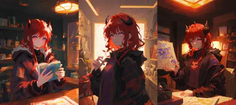 masterpiece, best quality, illustration, upper body, 1girl, looking at viewer, red hair, medium hair, purple eyes, demon horns, black coat, indoors, dimly lit