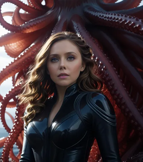 cinematic film still <lora:FF-TentacleFFashion4:1> a woman in black standing in front of a large octopus, elizabeth olsen as bla...