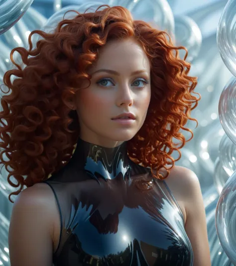 cinematic film still <lora:FF-TentacleFFashion4:1> a woman with red hair standing in front of a large glass sculpture, full of glass. cgsociety, highly detailed vfx portrait of, red curly hair, art nouveau octane render, portrait shot, photography alexey g...