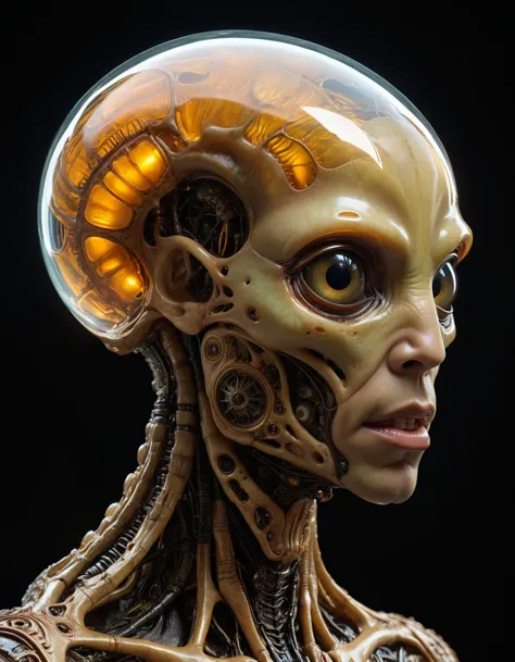 profile view, side view, hyper realistic photograph of  a bizarre biomorphic alien creature with a huge transparent forehead rev...