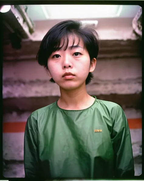 a photo of a  glum looking 18yo Korean woman,round face, plain, short black hair in a crew cut, wearing a green plastic chemical suit, photographed on a Holga 120 CFN, with Kodak Elitechrome EBX film,medium shot,front view,upper body, in underground concrete room,in lomostyle