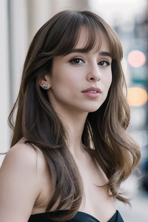 a close up of a woman in a black dress with long hair