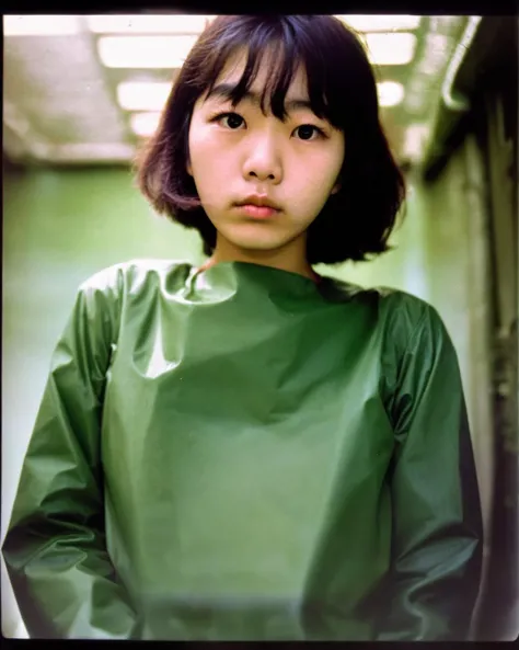 a photo of a  glum looking 18yo Korean woman,round face, plain, short black hair in a crew cut, wearing a green plastic chemical suit, photographed on a Holga 120 CFN, with Kodak Elitechrome EBX film,hand developed film,front view,upper body, in underground concrete room,in lomostyle