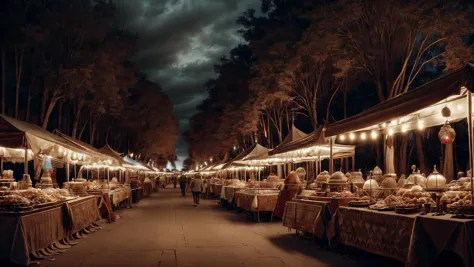 tables and chairs are lined up at a market with lights on them