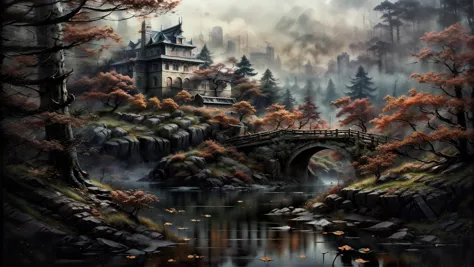 painting of a castle in the middle of a forest with a bridge