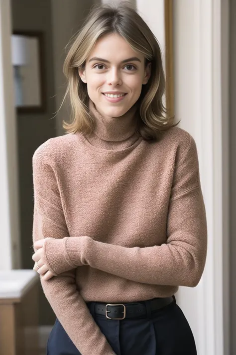 a woman in a turtle neck sweater and black pants standing in a hallway