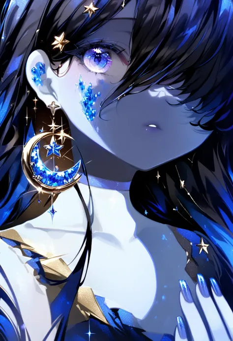 masterpiece, best quality,<lora:oh4xl_ani31_lokr_v4312:0.95>1girl, solo, blue nails, jewelry, blue eyes, earrings, crescent, lon...