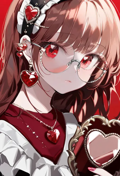 masterpiece, best quality,<lora:oh4xl_ani31_lokr_v4312:0.95>1girl, solo, jewelry, red eyes, earrings, red background, glasses, r...