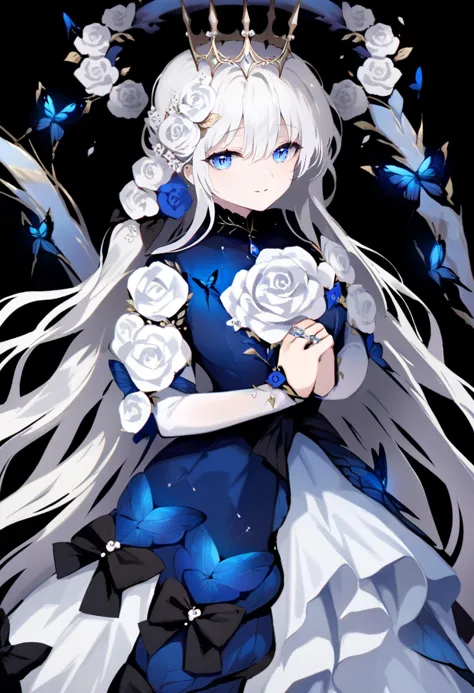 masterpiece, best quality,<lora:OH4XL_ANI31_lokr_V4312:0.95>1girl, solo, long hair, flower, butterfly, bug, blue eyes, dress, looking at viewer, white hair, white flower, rose, blue butterfly, blue dress, black background, white rose, halo, blue flower, hair between eyes, parted lips, long sleeves, black bow, very long hair, hair ornament, smile, dress flower, blue rose, ring, bow, jewelry, crown, own hands together, simple background, hair flower, cowboy shot, bridal gauntlets