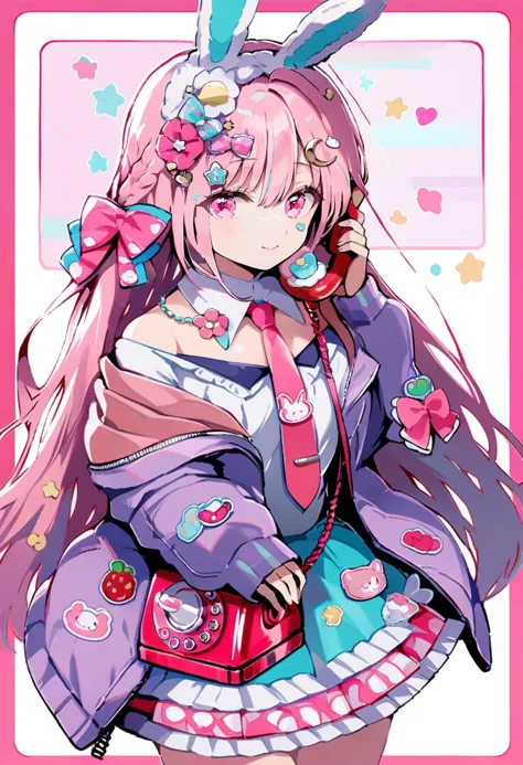 masterpiece, best quality,<lora:OH4XL_ANI31_lokr_V4312:0.95>1girl, solo, animal ears, rabbit ears, long hair, phone, necktie, hair ornament, bow, pink eyes, pink hair, hair bow, holding, skirt, holding phone, jacket, pastel colors, closed mouth, detached collar, rainbow, heart, looking at viewer, off shoulder, long sleeves, braid, food-themed hair ornament, shirt, pink necktie, frills, pink bow, cowboy shot, pink skirt, shoulder bag, frilled skirt, bag, hair between eyes, heart hair ornament, white shirt, hairclip, star \(symbol\), pink border, cellphone, crescent, open clothes, flip phone, flower, open jacket, very long hair, food, corded phone, pink theme, rabbit girl, bare shoulders, sleeves past wrists, border, handbag, layered skirt, food print, smile, hair flower, multicolored clothes, jewelry, multicolored skirt