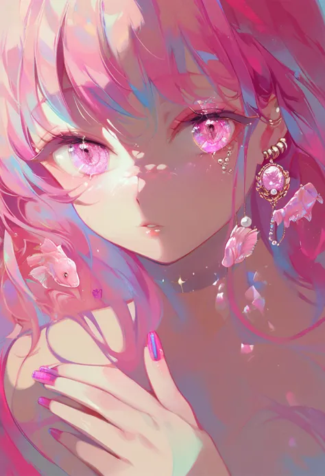 score_9, score_8_up, score_7_up, score_6_up, <lora:OH4XL_P6_lokr_V4312:0.95> 1girl, solo, pink hair, looking at viewer, pink eyes, pink theme, jewelry, earrings, parted lips, pink nails, long hair, nail polish, purple nails, fish, eyelashes, upper body, fingernails, bare shoulders, multicolored hair