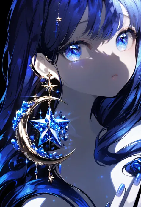 masterpiece, best quality,<lora:OH4XL_ANI31_lokr_V4312:0.95>1girl, solo, blue eyes, long hair, blue hair, looking at viewer, jewelry, blue theme, earrings, crescent, parted lips, blue nails, nail polish, upper body, crescent earrings, star \(symbol\), black background, sparkle, portrait, shadow